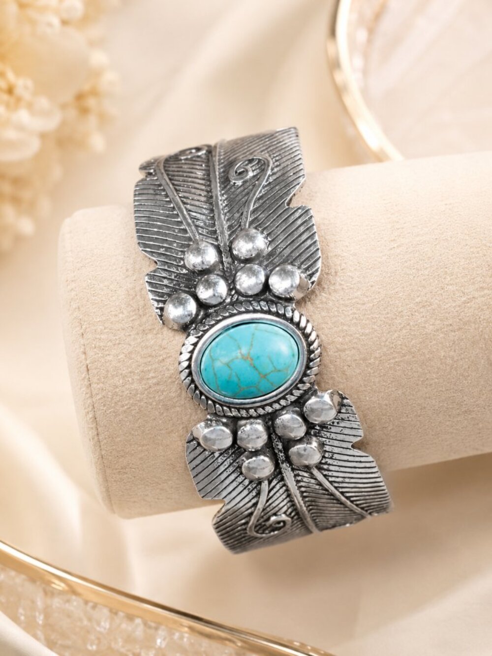 Antique Silver-Tone Leaf Cuff Bracelet with Turquoise Blue Stone – Boho Fashion